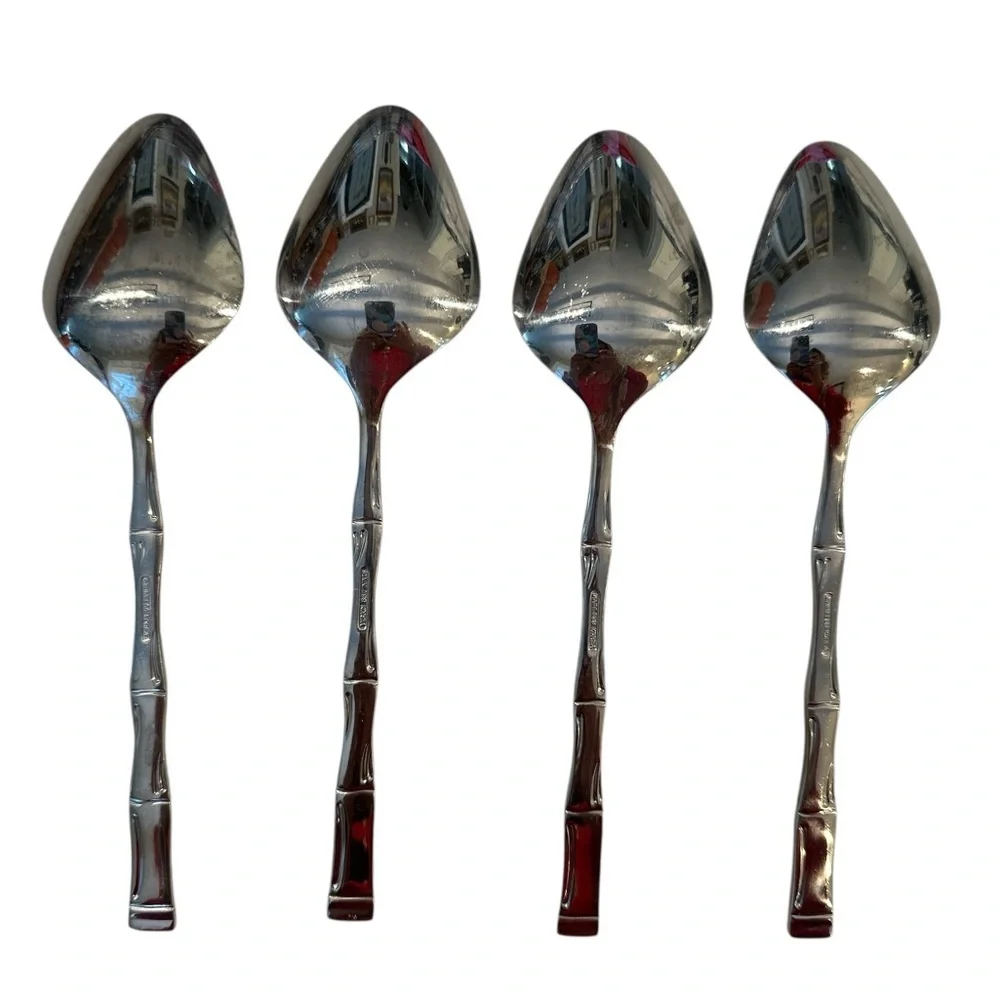 8 Piece VTG Mid Century KOREA Bamboo Stainless Steel Flatware Tablespoons 7.5